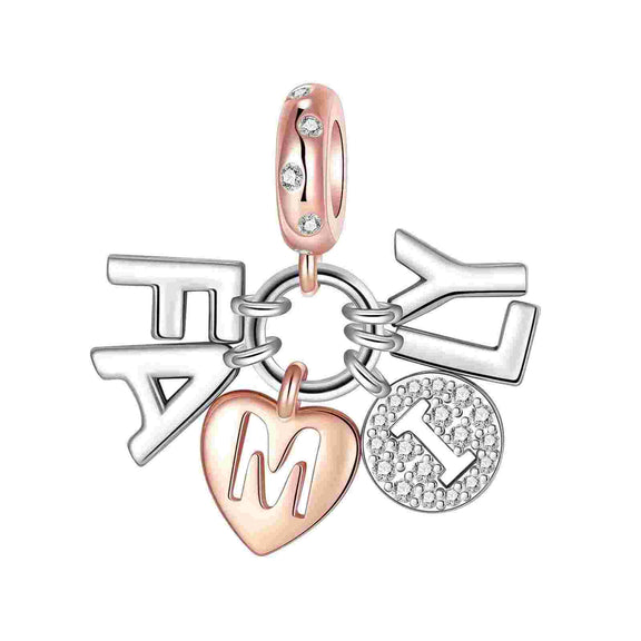 Sterling Silver and Rose Gold Family Charm - Sterling silver and rose gold charm with the word "Family" and cubic zirconia accents.