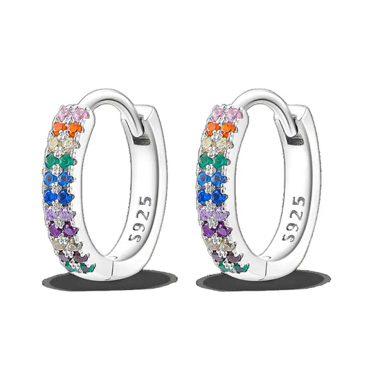 Sterling Silver S925 Hoop Earrings with Rainbow-Colored Crystals - Vibrant and Stylish Design