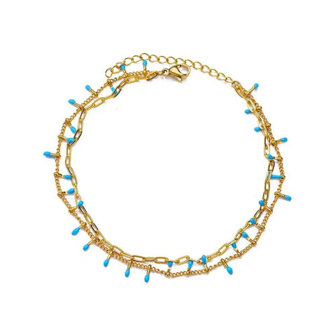 Gold Chain Ankle Bracelet Blue Beads - Gold Chain Ankle Bracelet Blue Beads