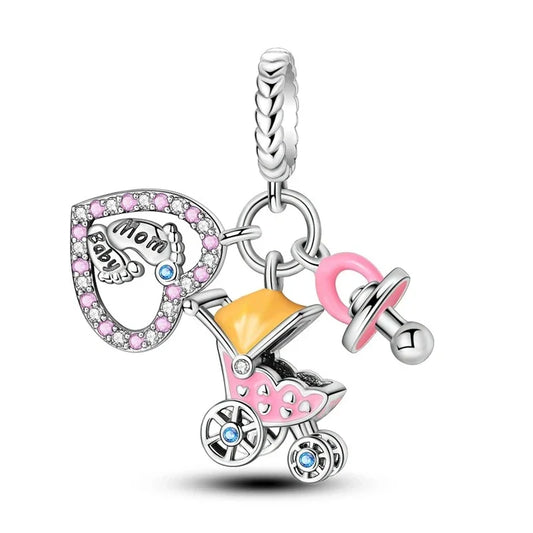 Baby Carriage With Pink And Blue Stones Charm