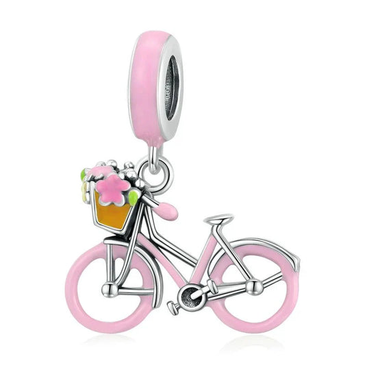 Blooming Pink Bicycle Charm fit pandora bracelet