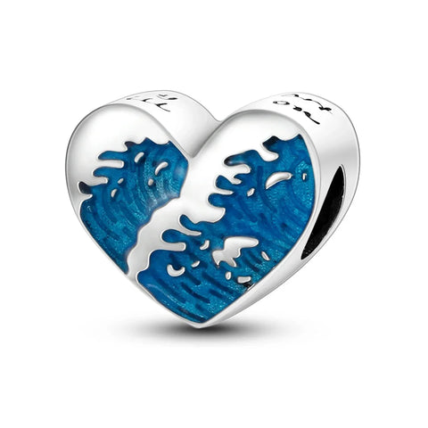 Blue And White Heart Waves Charm - Blue And White Heart With Waves Pandora Charm