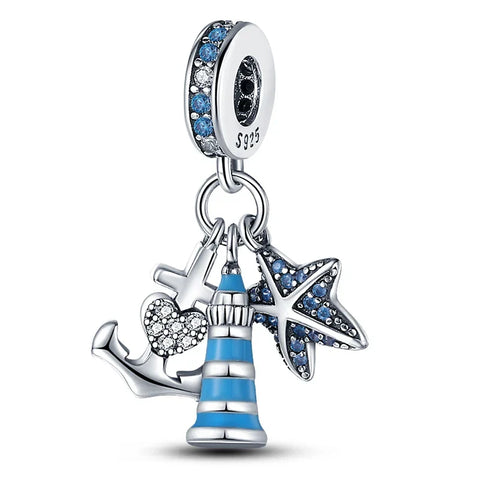 Blue And White With An Anchor Starfish Lighthouse Charm - Blue And White With An Anchor Starfish Lighthouse Pandora Charm