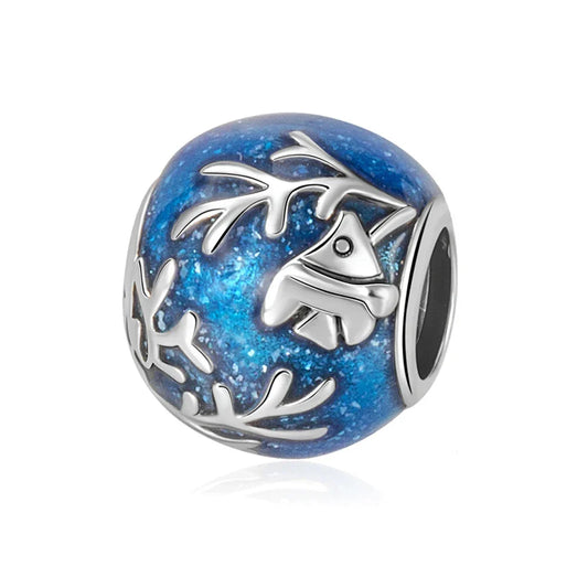 Pandora Blue Bead With Fish And Branches Charm Cyan Accent