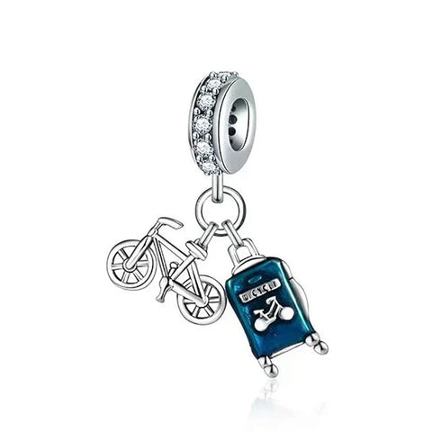 Blue Bicycle And Suitcase On Silver Chain Charm