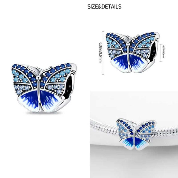 Blue Enchanted Butterfly Crystal Charm for Bracelets - Sterling silver butterfly charm with blue crystals for bracelets.