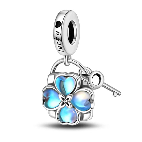 Pandora Blue Flower With Key Charm Cyan Accent