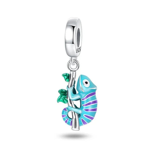 Blue Green Chameleon Charm Silver Chain Accent Charm - Compatible with Pandora Bracelets