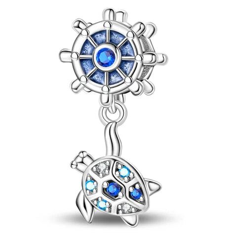 Blue Sea Turtle With Wheel And Crystal Charm - Blue Sea Turtle With Wheel And Crystal Pandora Charm