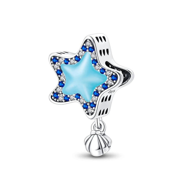 Blue Star Charm with Shell - Blue star charm with sparkling crystals and a small silver shell, made from 925 sterling silver.