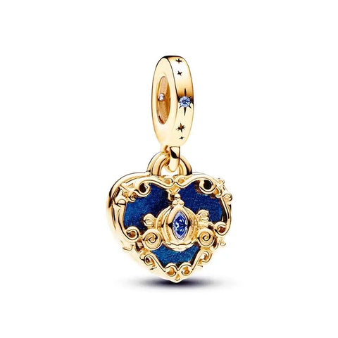 Blue Enamel Heart Charm with Gold Detailing - Gold heart-shaped pendant with blue accents on a white background