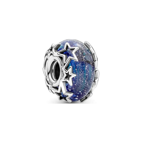 Blue Galaxy and Star Murano Glass Charm - Silver charm with star design on a blue glittery background