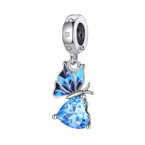 Blue Half Butterfly and Heart Dangle Charm - Blue Half Butterfly and Heart Dangle Charm