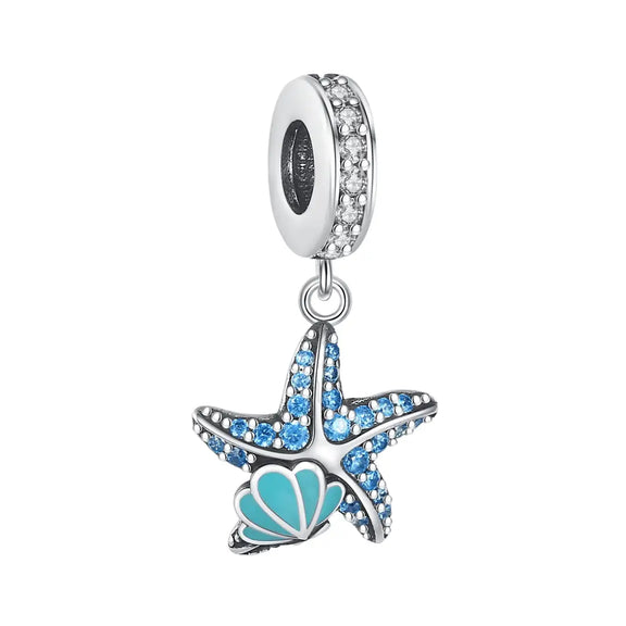 Blue Starfish And Shell Dangle Charm - Blue Starfish And Shell Dangle Charm