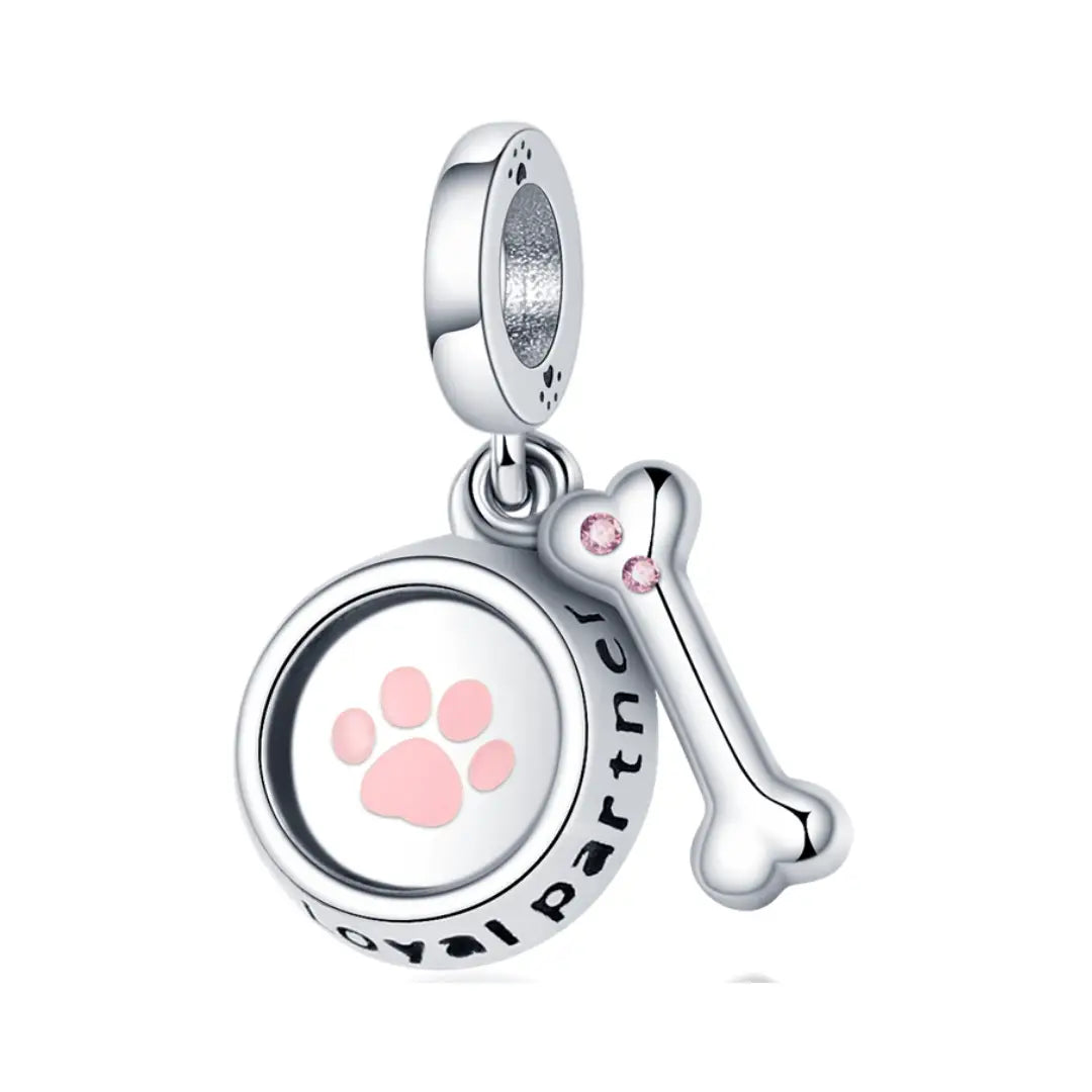 Sterling Silver Loyal Partner Dog Charm with Bone for Pandora Bracelets