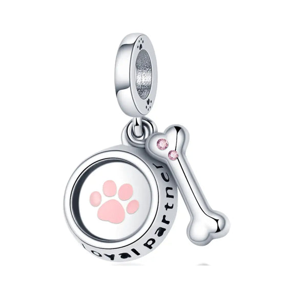 Sterling Silver Loyal Partner Dog Charm with Bone for Pandora Bracelets - Sterling Silver Loyal Partner Dog Charm with Bone for Pandora Bracelets