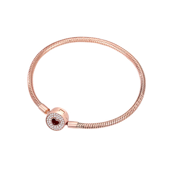 Rose Gold Round Heart Charm Snake Chain Bracelet - Round heart charm bracelet in rose gold, fitting with Pandora charms.