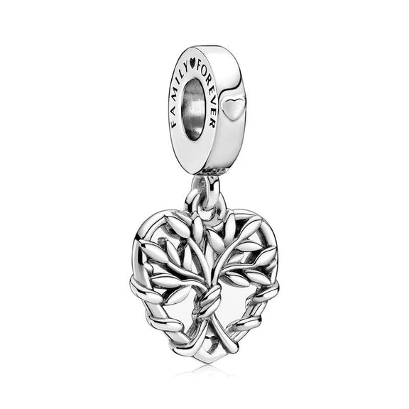 Heart Family Forever Tree Dangle Charm - Sterling silver Tree of Life charm in heart shape with "FAMILY ♥ FOREVER" engraved on the bale.