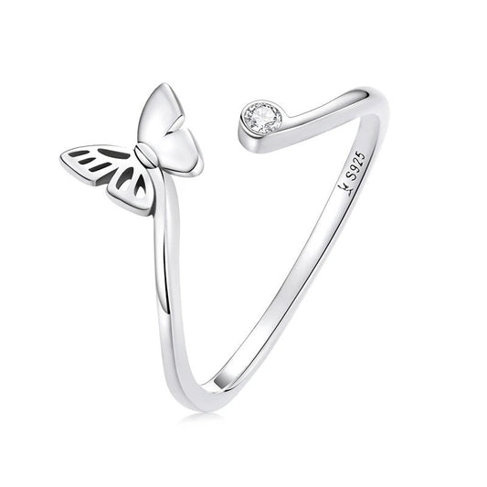 Sterling Silver Simple Butterfly Adjustable Ring - Open Ring