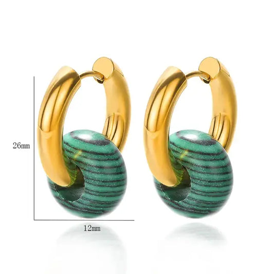 Gold and green enamel hoop earrings with size measurements on a white background.