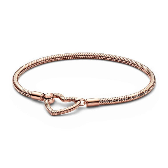 Rose Gold Heart Clasp Charm Bracelet - Rose gold-plated bracelet with a heart-shaped clasp, compatible with Pandora charms.