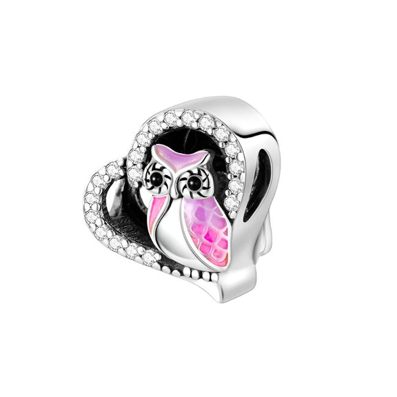 Sterling Silver Heart Charm with Enamel Pink Owl Design - Sterling Silver Heart Charm with enamel pink owl design