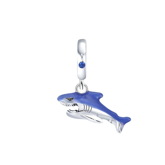 Sterling Silver Shark Charm with Blue Enamel Accents - Sterling Silver Charm with shark design and blue enamel