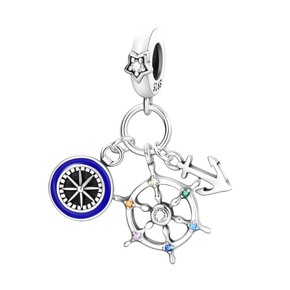 ⚓ Sterling Silver Nautical Adventure Charm with Wheel and Anchor 🌊 - Sterling Silver Charm with wheel, anchor, and compass designs