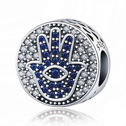 Sterling Silver Hamsa Hand Charm with blue and clear crystals