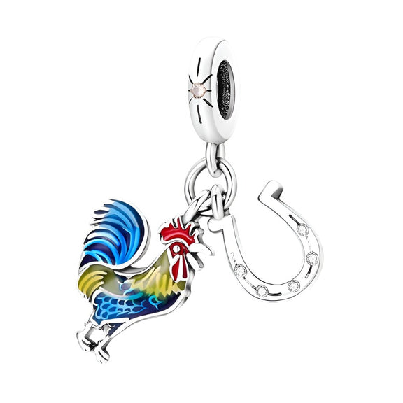 Sterling Silver Rooster and Horseshoe Charm with Enamel - Sterling silver rooster and horseshoe charm, symbolizing good fortune and prosperity.