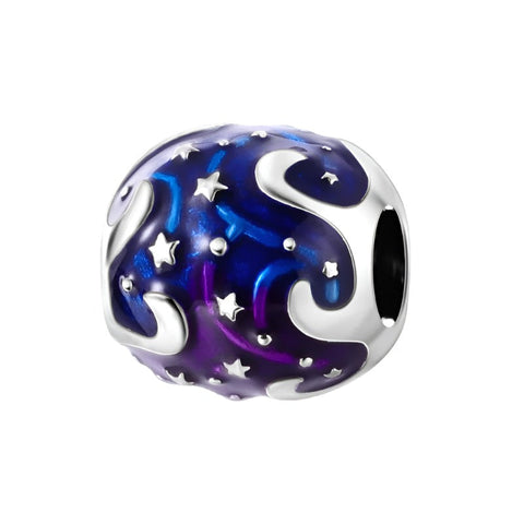 Sterling Silver Celestial Bead Charm with Enamel and Stars - Sterling Silver Celestial Bead Charm with Enamel and Stars