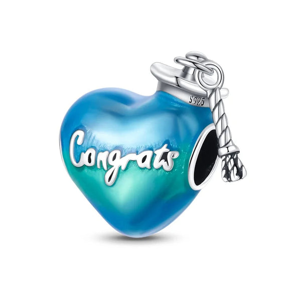 Sterling Silver Congrats Heart Charm with Enamel ™ - Sterling Silver Congrats Heart Charm with blue enamel