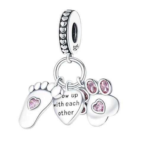 Sterling Silver Paw Print and Footprint Charm with Pink Crystals - Sterling Silver Paw Print and Footprint Charm with Pink Crystals