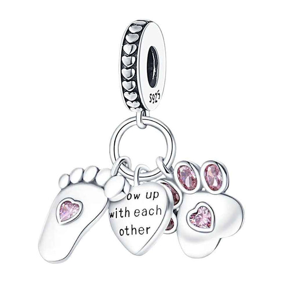 🐾 Sterling Silver Paw Print and Footprint Charm with Pink Crystals 💗 - Sterling Silver Paw Print and Footprint Charm with pink crystals