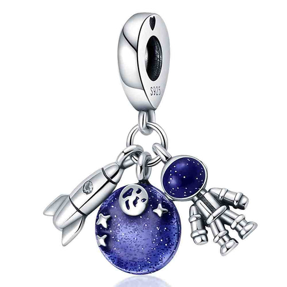 Sterling Silver Space Adventure Charm with Rocket, Astronaut, and Moon - Sterling Silver Space Adventure Charm with blue enamel