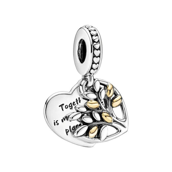 Together Forever Two-Tone Heart Charm with Tree of Life - Two-tone heart charm with Tree of Life design and "Together is my favorite place to be" engraving.