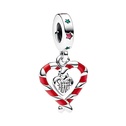 Double Candy Cane Heart Christmas Dangle Charm - Double Candy Cane Heart Christmas Dangle Charm