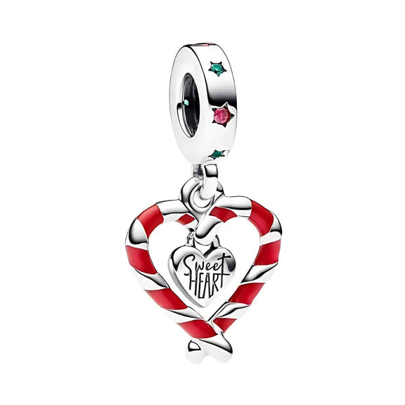 Double Candy Cane Heart Christmas Dangle Charm - Candy Sweet Heart Christmas Dangle Charm