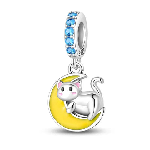 Cat Moon Charm Blue Crystals Yellow Accent