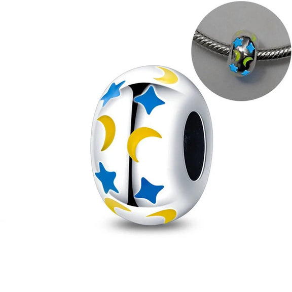 Celestial Stars and Moon Bead for Pandora Bracelet - Enamel Night Sky Charm - Celestial bead with blue stars and yellow moons on luminous enamel, designed for Pandora bracelets.