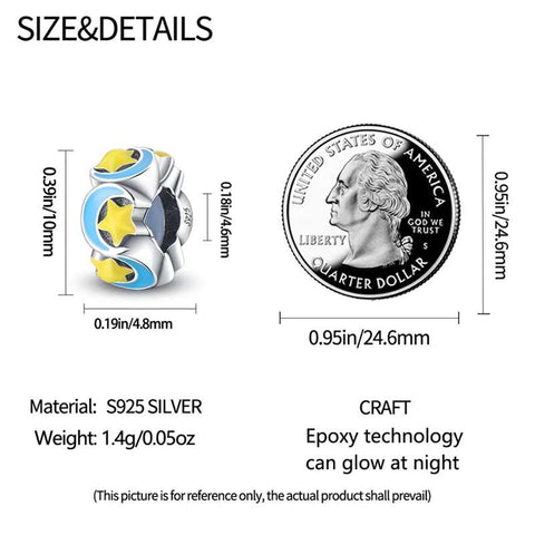 Celestial Stars and Moon Charm - Enamel charm in blue with yellow stars and crescent moons, made of sterling silver.