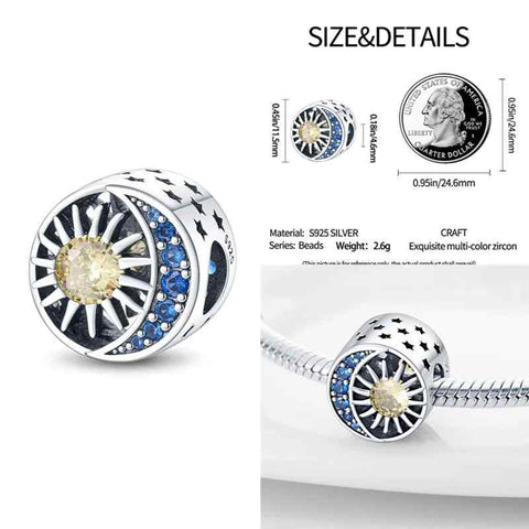 Celestial Sun & Moon Sterling Silver Charm with Zircon Accents - Sterling silver charm featuring a sun and moon design with blue and yellow zircon accents.