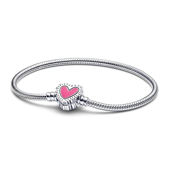 Pink Enamel Heart Sterling Silver Snake Chain Charm Bracelet - Pink enamel heart sterling silver snake chain charm bracelet with heart-shaped clasp