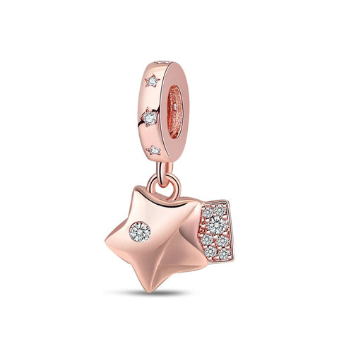 Rose Gold Feather Charm with Clear CZ Stones - Rose Gold Feather Charm with Clear CZ Stones