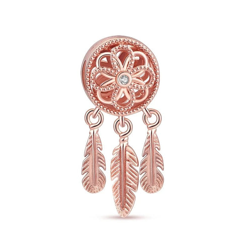 Rose Gold Dreamcatcher Charm with Feather Pendants - Rose gold dreamcatcher charm with feathers, adding bohemian flair to bracelet charms for Pandora.