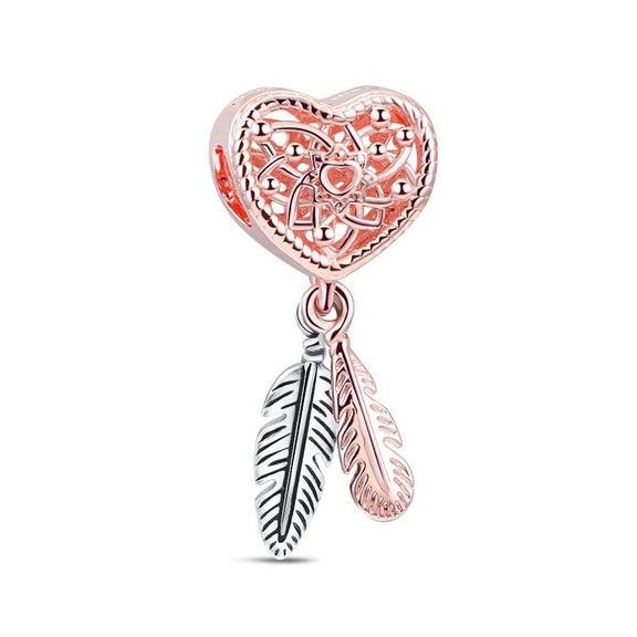 Charming Rose Gold Pinecone & Feather Charm with Crystal Details - Rose Gold Pinecone & Feather Charm with crystal details.