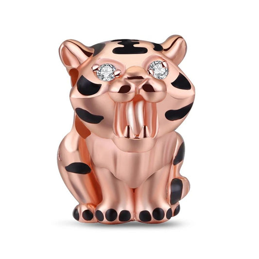 Rose gold tiger charm with black enamel, symbolizing courage on Pandora charm bracelets.