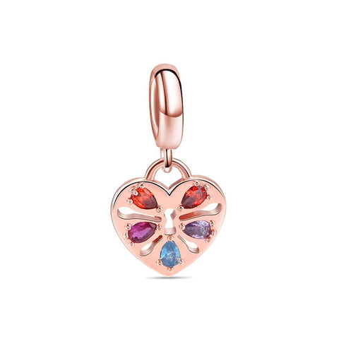 Multicolor Gemstone Rose Gold Heart Charm - Rose gold heart charm with a multicolored gemstone butterfly, capturing the beauty of nature.