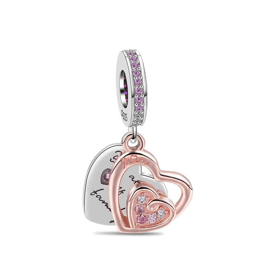 Rose gold engraved heart charm with intricate details and crystal accents, symbolizing family love.