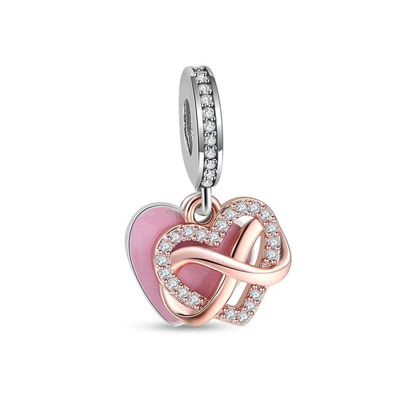 Heart of Infinity Pink Enamel Charm - Rose gold heart charm with infinity symbol and pink enamel, symbolizing eternal love and connection.